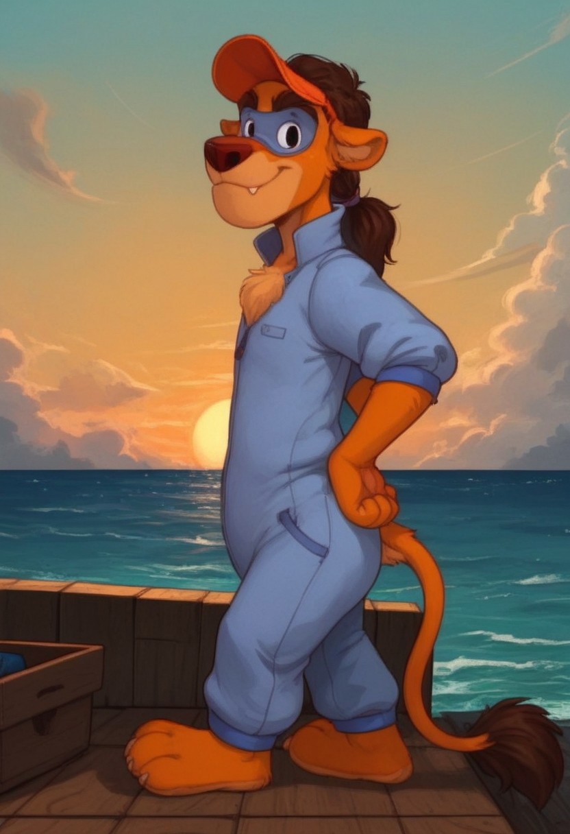 score_7, score_8, score_9, dynamic lighting, detailed background, background is ship dock, dock, (stacked crates), ((ocean)), boats, mountains in distance, ((outdoors)), clouds, sunny, (close up), cowboy shot,
BREAK 
Solo, 1boy, ((anthropomorphic)), furry male, Wildcat, yellow fur, two tone fur, brown hair, hair in ponytail, animal nose, black eyes, slender, animal ears, yellow ears, (yellow tail), feet claws, snaggle tooth, eye mask, fluffy fur, fluffy eyebrows, (fang), chest fur tuft,
BREAK 
shot from side, standing, looking at viewer, smiling, jumpsuit, hat, hands on hips,
