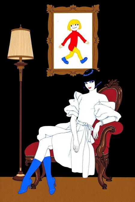 ernestogarciacabral1 illustration.
A woman seated on an antique, dark wooden chaise longue. The woman has black, straight hair styled in a bob. She is dressed in a white, oversized coat with voluminous sleeves that are tied in a dramatic, asymmetrical knot. Her outfit is complemented by bright, vivid blue, knee-high socks. She is seated with her legs crossed. The background is a deep, dark black. To her left, there is a tall, ornate lamp with a beige, pleated shade. Above her, on the dark wall, hangs a classical painting--except, instead of a traditional scene, it is a crayon drawing, done by a child. The crayon drawing features a simple stick figure with a round head, straight lines for arms and legs, and a big smile. The drawing is childishly colorful, with bright red for the body, yellow for the hair, and blue for the shoes. The figure's eyes are represented by two large dots and the smile by a curved line
<lora:ernestogarciacabral1_cap_d6a3:1.0><lora:849847515590193315:0>