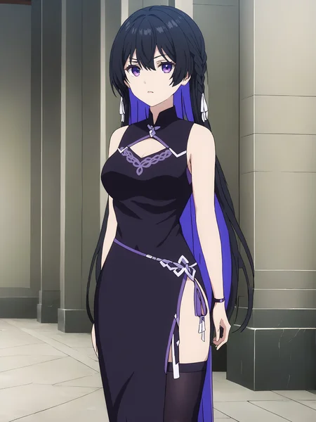 masterpiece, best quality,
<lora:tinasha.sdxl.v3:1> tinasha,
1girl, solo,
purple armband,
black dress, sleeveless, chinese dress,
black thighhighs,
clothing cutout,
standing,