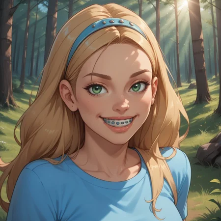 score_9, score_8, BREAK, solo, Sharon_Spitz_(Braceface), long hair, blonde hair, green eyes, blue hairclip, silver braces, blue crop top, midriff, navel, blue denim jeans, sandals, self portrait, smile, looking at viewer, outdoors, sunlight, shadows, evening lighting, natural lighting, forest, trees, grass, orange sky, sunset