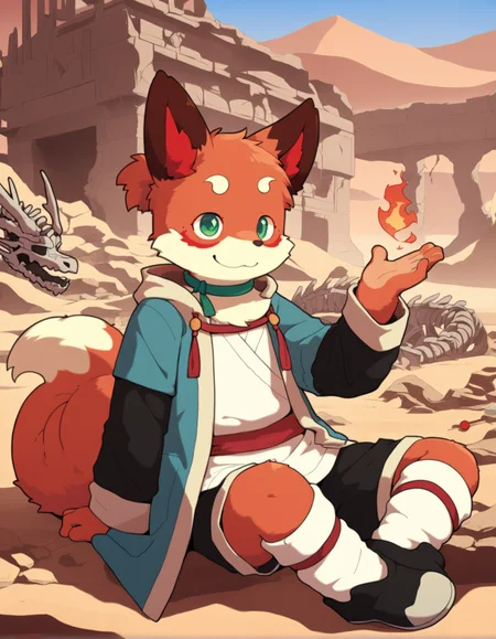 masterpiece, best quality, taiqing, fox, solo, anthro, male, short stack,
coat and white shirt, green neck ribbon, black shorts, white socks, shoes,
fire manipulation, lollipop in mouth, desert, metal dragon skeleton, ancient ruins, smile,
<lora:ThreefoldRecital_1.2:1>