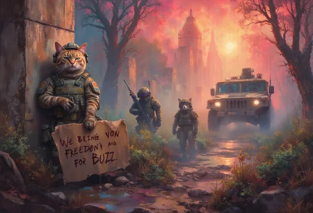 A realistic picture of 4 cat army operator, ((the orange cat sitting against wall holding a cardboard sign that reads "we bring you freedom for BUZZ". the other. try fixing a humvee , the other 2 cat prepaing their military gear,)) Overhead shot of the iconic orange Grumpy Cat reimagined as a battle-hardened American special forces in the ruined city in midle east, . Orange Cats dressed in rugged military gear with a helmet slightly askew, holds a modern assault rifle with a determined yet perpetually unimpressed expression. The ruined city after war around him is dark and foreboding, with thick foliage, towering trees, and a misty atmosphere that hints at the dangers lurking within. In the background, a10 warthog soar above the treetops, their silhouettes barely visible through the smoky, war-torn red sky at Sunset. mouth is wide open, clearly shouting, "More BUZZ, we need more BUZZ! "will work " is boldly displayed at the top, with a gritty, distressed font that echoes classic war movie posters. The overall tone of the poster is intense and surreal, combining the seriousness of a Gulf War epic with the humorous, deadpan attitude of Grumpy Cat. <lora:schnell_v1.0:0.8>ArsMJStyle, impressionism