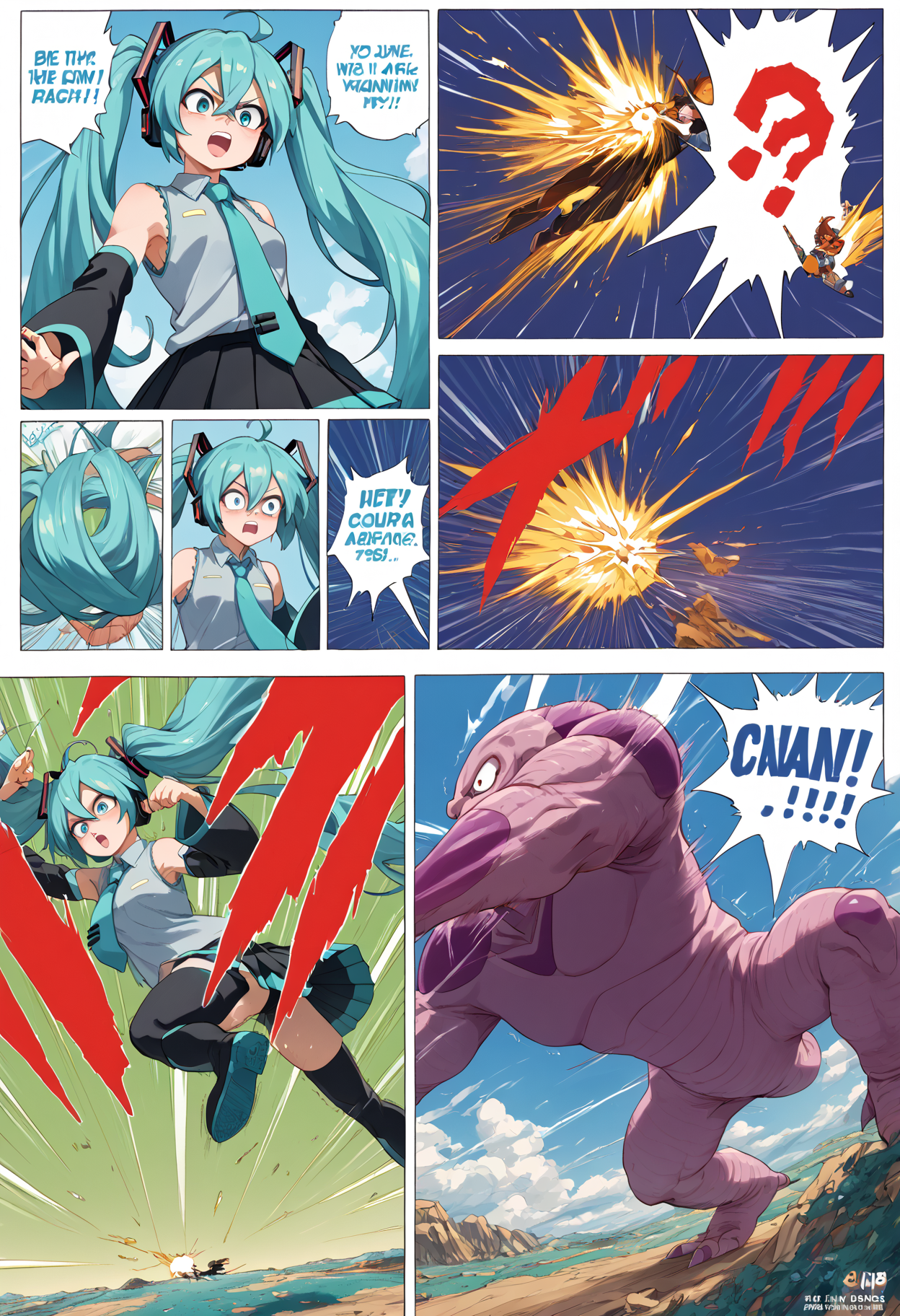 score_9, score_8_up, score_7_up, score_6_up, score_5_up, score_4_up, anime source, 
 <lora:DBBattle_Pony_V2:1>DBBattle, (duel:1.25), (comic:1.25), battle, emphasis lines, speed lines, motion lines, !?, !!, style parody, 
Frame, Text, English Text, speech bubble, trembling, focus line, vibrating line, comic expression, Sound effect, 
1 girl,  girl forcas, 2+ boys, Monster Boy, Creature Boy, Mutant Boy, 
 fighting stance, aura, flying, 
injury, torn clothes, 
cloud, cloudy sky, day, 
((energy ball )), 
mikuhatsune, <lora:miku-hatsune-ponyxl-lora-nochekaiser:0.5>,
miku hatsune, ahoge, aqua eyes, aqua hair, crossed bangs, hair between eyes, hair ornament, headphones, long hair, twintails, mature female,
aqua necktie, black footwear, black skirt, black sleeves, boots, collared shirt, detached sleeves, grey shirt, necktie, pleated skirt, shirt, skirt, sleeveless, sleeveless shirt, thigh boots, tie clip,