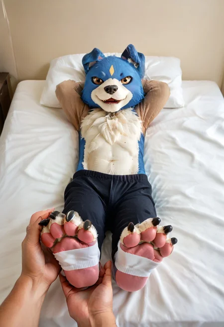 (((Barefoot furry character, full body, cinematic setting, furry male, plantigrade))) 
(((Gaomon))), boy, digimon, (((blue and white fur))), ((black pajama)), ((lies on the bed)), (((lies on his back))), (((receives feet massage))), (((his foot paw massaged))), (((getting feet massage))), his hands behind head, feet towards the viewer, feet POV, feet up, front view, dynamic angles, dynamic pose, pleasure expression, (((wears black toeless socks))), (((nice feet paws with pawpads and claws))), foomas, perfect hands of massager, (((correct anatomy)))
BREAK, intricate details, highly detailed, extreme detail, octane render, fine art, best quality, highres, (detailed face:1.5), ((full_body)), UHD, low light