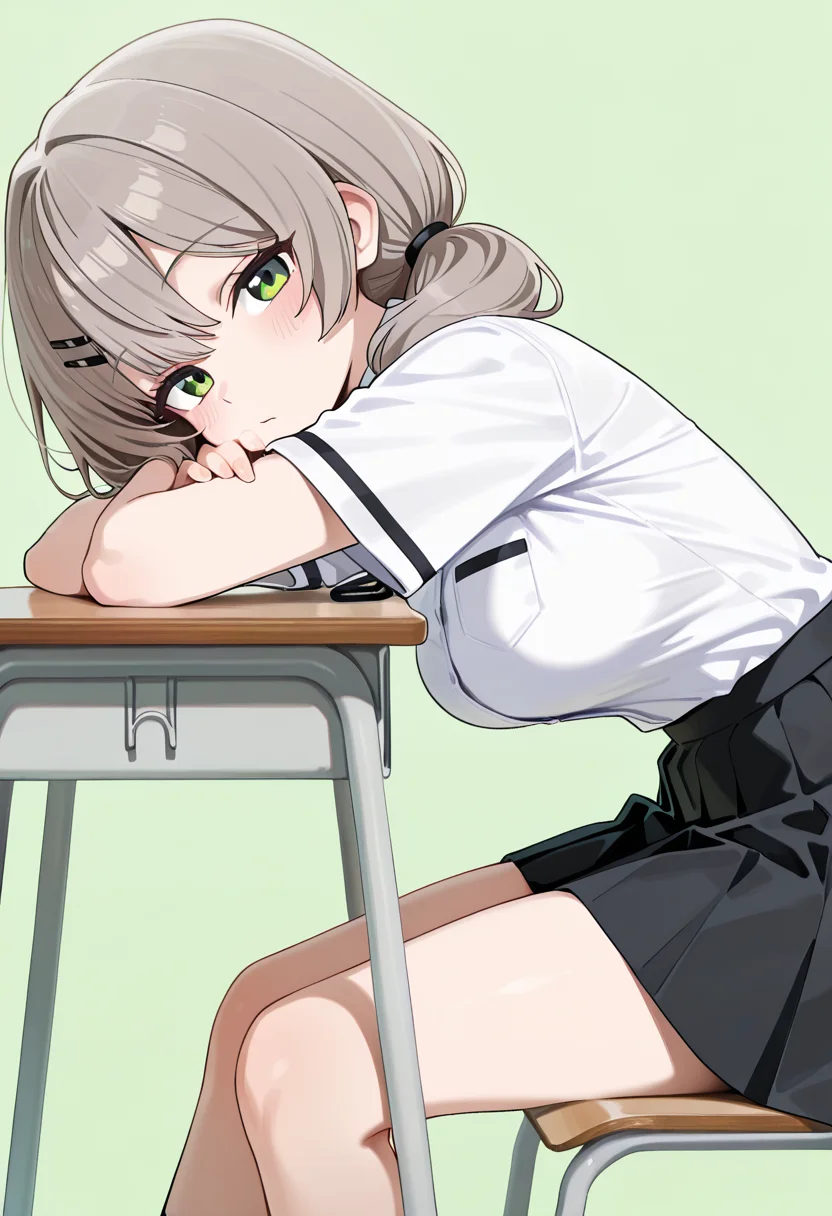 masterpiece, best quality, amazing quality, 1girl, [wagashi \(dagashiya\), mx2j], hotate-chan, (yd \(orange maru\):0.7), (sincos:0.6), brown hair, grey hair, medium hair, low twintails, black hairclip, hair tie, bangs, green eyes, white shirt, collared shirt, short sleeves, black skirt, pleated skirt, simple background, green background, from side, classroom, sitting, on chair, school chair, school desk, medium breasts, looking at viewer, head rest, bent over, crossed arms