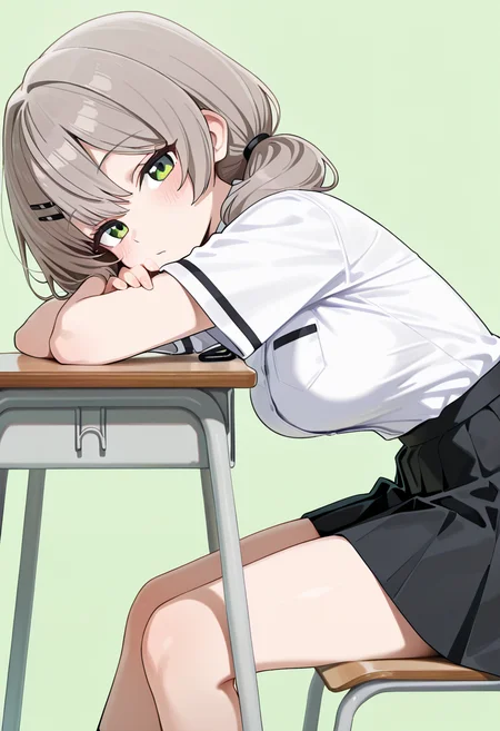 masterpiece, best quality, amazing quality, 1girl, [wagashi \(dagashiya\), mx2j], hotate-chan, (yd \(orange maru\):0.7), (sincos:0.6), brown hair, grey hair, medium hair, low twintails, black hairclip, hair tie, bangs, green eyes, white shirt, collared shirt, short sleeves, black skirt, pleated skirt, simple background, green background, from side, classroom, sitting, on chair, school chair, school desk, medium breasts, looking at viewer, head rest, bent over, crossed arms