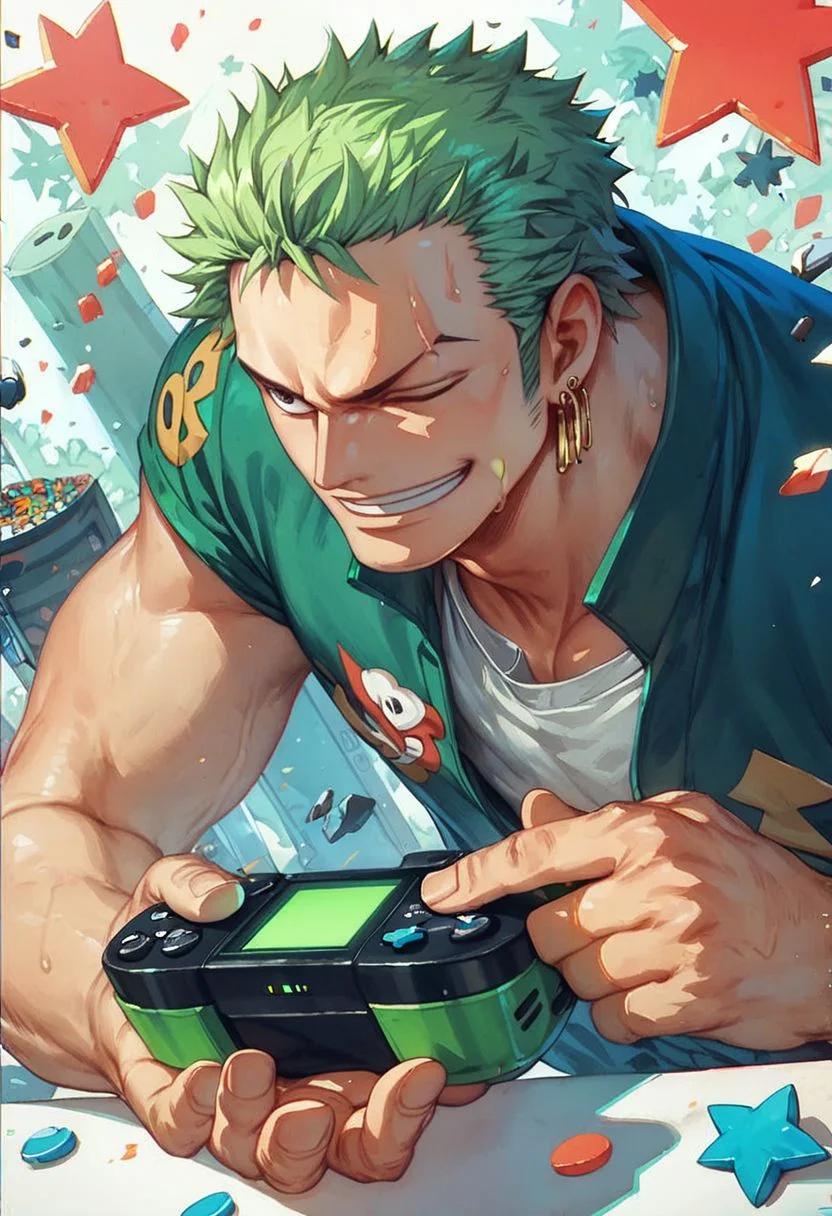 score_9, score_8_up, score_7_up ,score_6_up, 8k, green hair,ZORO , playing on a 80s arcade video game machine in an arcade with 80s clothing
