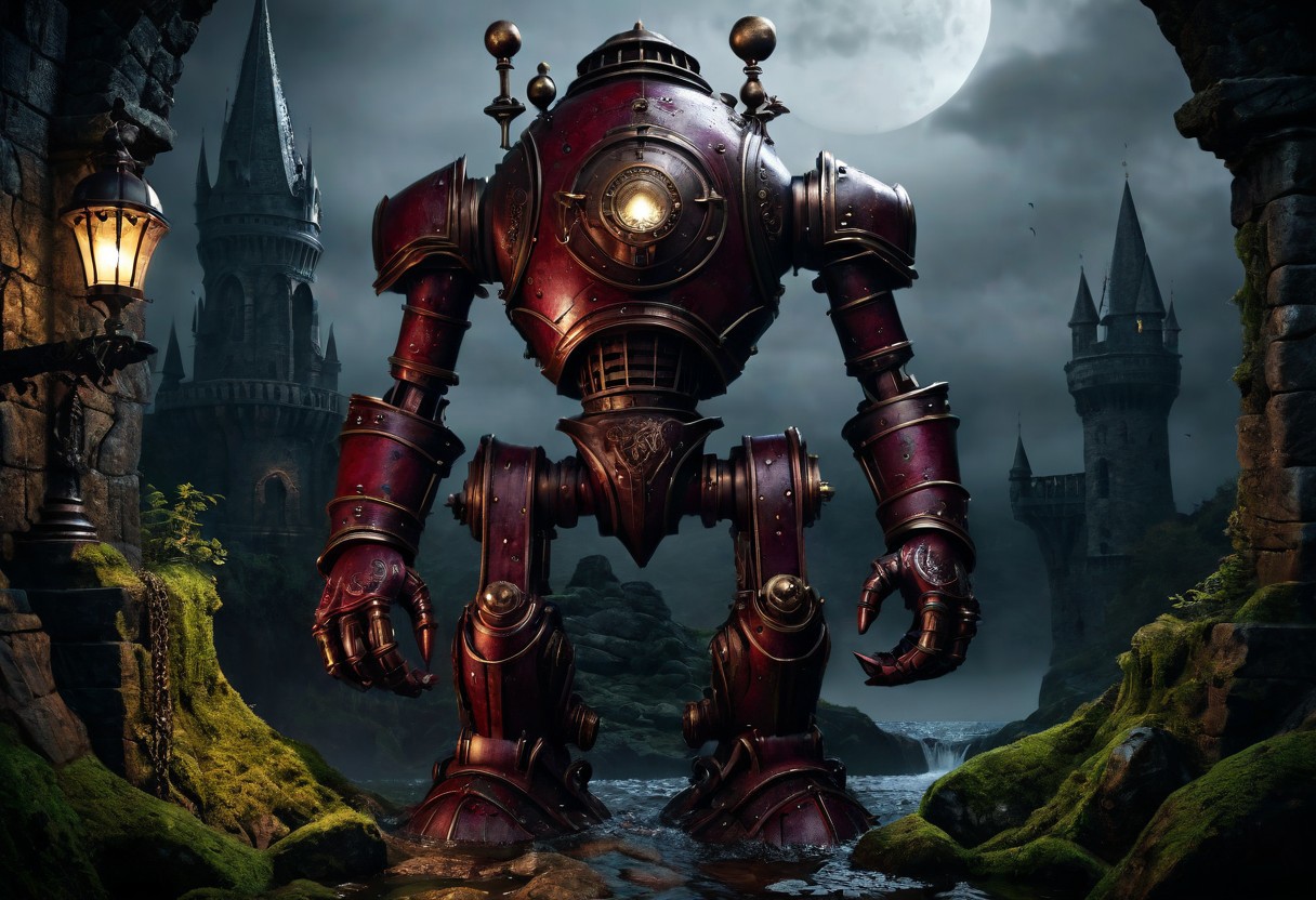 giant bipedal robot red and dark amber, bronze paisley robot. lacy robot diving helmet head. outside of a steampunk keep. large detailed torso. dark image. one forty foot tall ancient robot with great arms and two heavy spring legs. dark foggy night background. $dark foggy night image only. dark photo realistic image. steampunk details. cogs, chains and pipes incorporated in the fantasy buildings. magic wizards tower in background. Dark swamp, moss, castle ruins, wizards tower. stormy dark night.