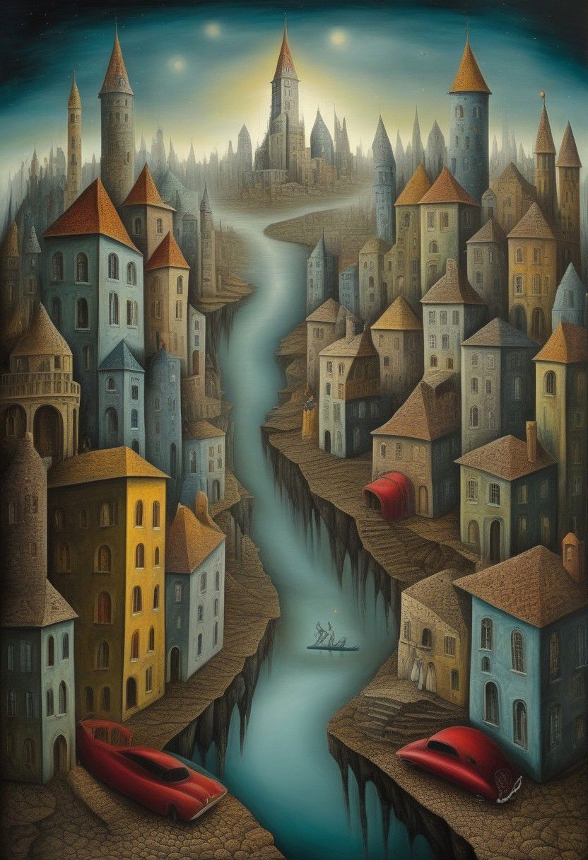 surrealist art city. dreamlike, mysterious, provocative, symbolic, intricate, detailed