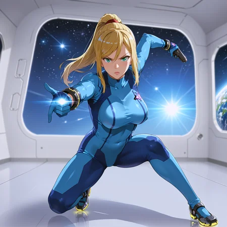 takeda hiromitsu style, source_anime, anime screencap, uncensored, dynamic angle, dynamic view, takeda hiromitsu style, dynamic pose, foreshortening, extreme perspective,
sole female, solo, 1girl, samus aran, blonde hair, swept bangs, long hair, ponytail, mole under left lip, turquoise eyes, zero suite, blue body suit, blue gloves, metal bracelets, sagging breasts, medium breasts, skintight, fully dressed, action pose, dynamic pose, determined, superhero landing, dynamic pose, holding gun, complex background, detailed background, inside giant spacecraft, outer space in window, multiple galaxies in the background, giant view of space, giant window with a view of space, view of planets, view of stars, depth of field, blurry background, volumetric lighting, back lighting, side lighting, 3 point lighting, reflective floor, glossy floor, reflective interior,
<lora:takeda_hiromitsu_style_xl_goofy:1.0>, <lora:DynamicPose_alpha1.0_rank4_noxattn_100steps:3.0>, <lora:Superhero_landing:0.5>