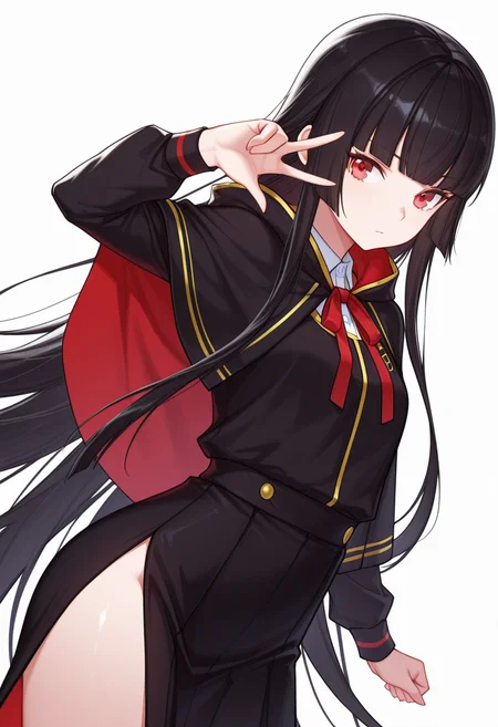 Smooth Quality,masterpiece,very intricate, high quality details, ultra realistic, high detailed skin,detailed enviorement,absurdres,
w,
<lora:Atre_CNR:0.8> atre_cnr, 1girl, black hair, very long hair,blunt bangs, red eyes,, simple background, white background, dynamic angle,solo,, despair,, hoodie, ,cape, ,side slit skirt, ,