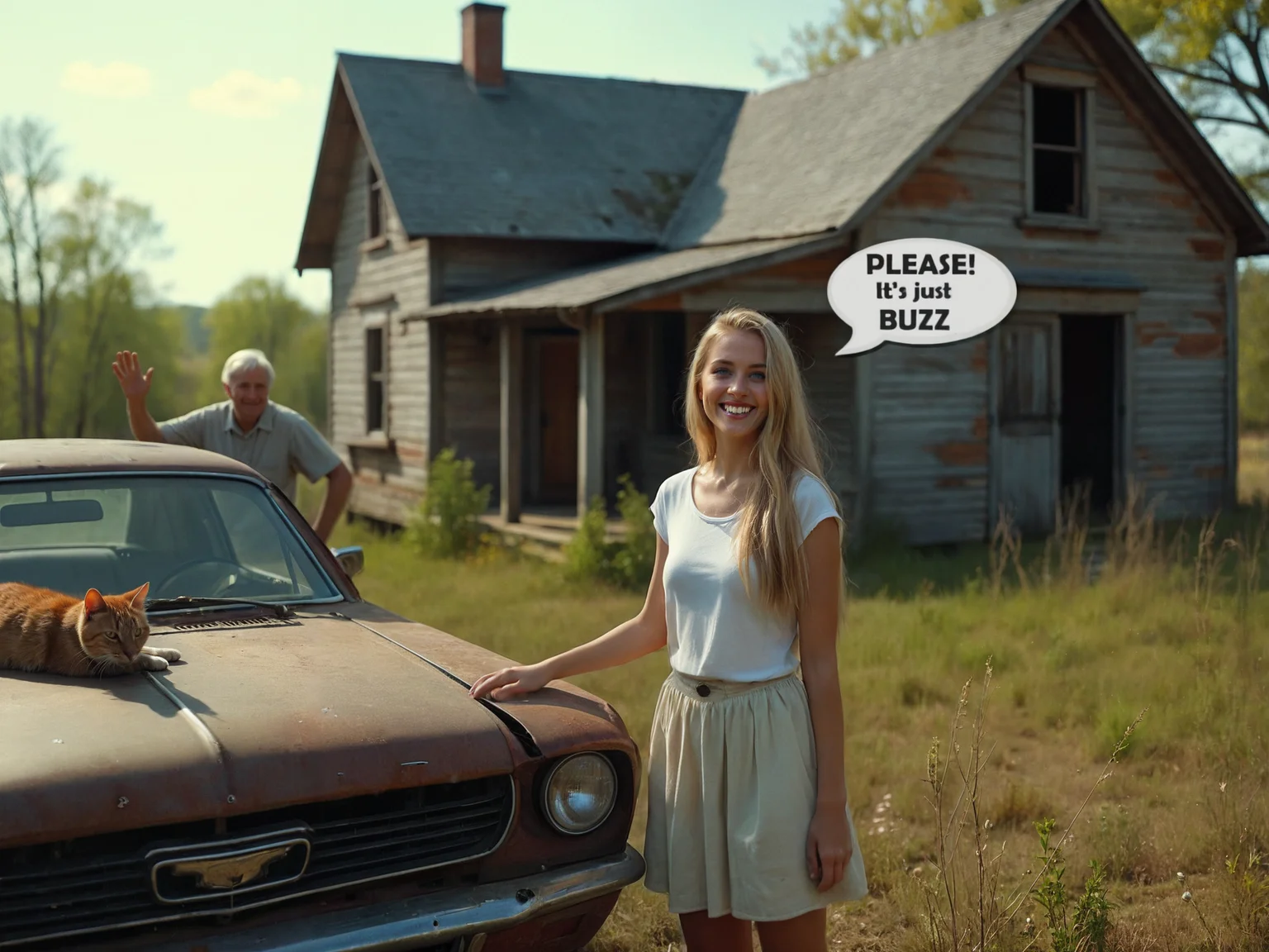 cinematic film still a woman standing next to a car with a cat on the hood and a man behind her with a sign that says please it's just buzz, Beeple, anamorphic lens flare, a storybook illustration, american barbizon school, Cinematic photography, movie mood, cinematic light, compelling composition, storytelling elements, conveys emotion, mood, and narrative depth, creating visually striking images that feel like still frames from a film, fine art photography, conceptual expression, evocative imagery, artistic interpretation, emotional resonance, creative composition, professional lighting, exquisite detail, immersive experience, storytelling through imagery, conveying mood, unique perspective, thought-provoking concept, capturing beauty, transcending reality, Cinematic portrait photography, capture subject in a way that resembles a still frame from a movie, cinematic lighting, story, narrative quality, drawing viewers into the scene and evoking a sense of cinematic immersion, capturing emotion, professional, engaging, compelling composition . shallow depth of field, vignette, highly detailed, high budget, bokeh, cinemascope, moody, epic, gorgeous, film grain, grainy