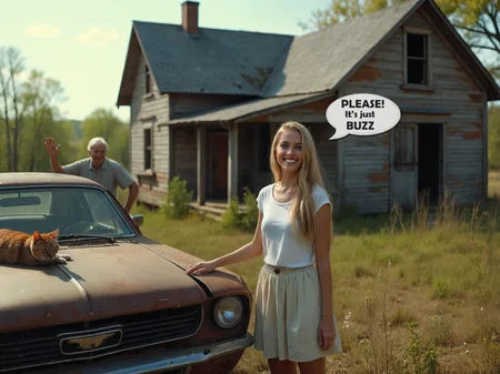 cinematic film still a woman standing next to a car with a cat on the hood and a man behind her with a sign that says please it's just buzz, Beeple, anamorphic lens flare, a storybook illustration, american barbizon school, Cinematic photography, movie mood, cinematic light, compelling composition, storytelling elements, conveys emotion, mood, and narrative depth, creating visually striking images that feel like still frames from a film, fine art photography, conceptual expression, evocative imagery, artistic interpretation, emotional resonance, creative composition, professional lighting, exquisite detail, immersive experience, storytelling through imagery, conveying mood, unique perspective, thought-provoking concept, capturing beauty, transcending reality, Cinematic portrait photography, capture subject in a way that resembles a still frame from a movie, cinematic lighting, story, narrative quality, drawing viewers into the scene and evoking a sense of cinematic immersion, capturing emotion, professional, engaging, compelling composition . shallow depth of field, vignette, highly detailed, high budget, bokeh, cinemascope, moody, epic, gorgeous, film grain, grainy