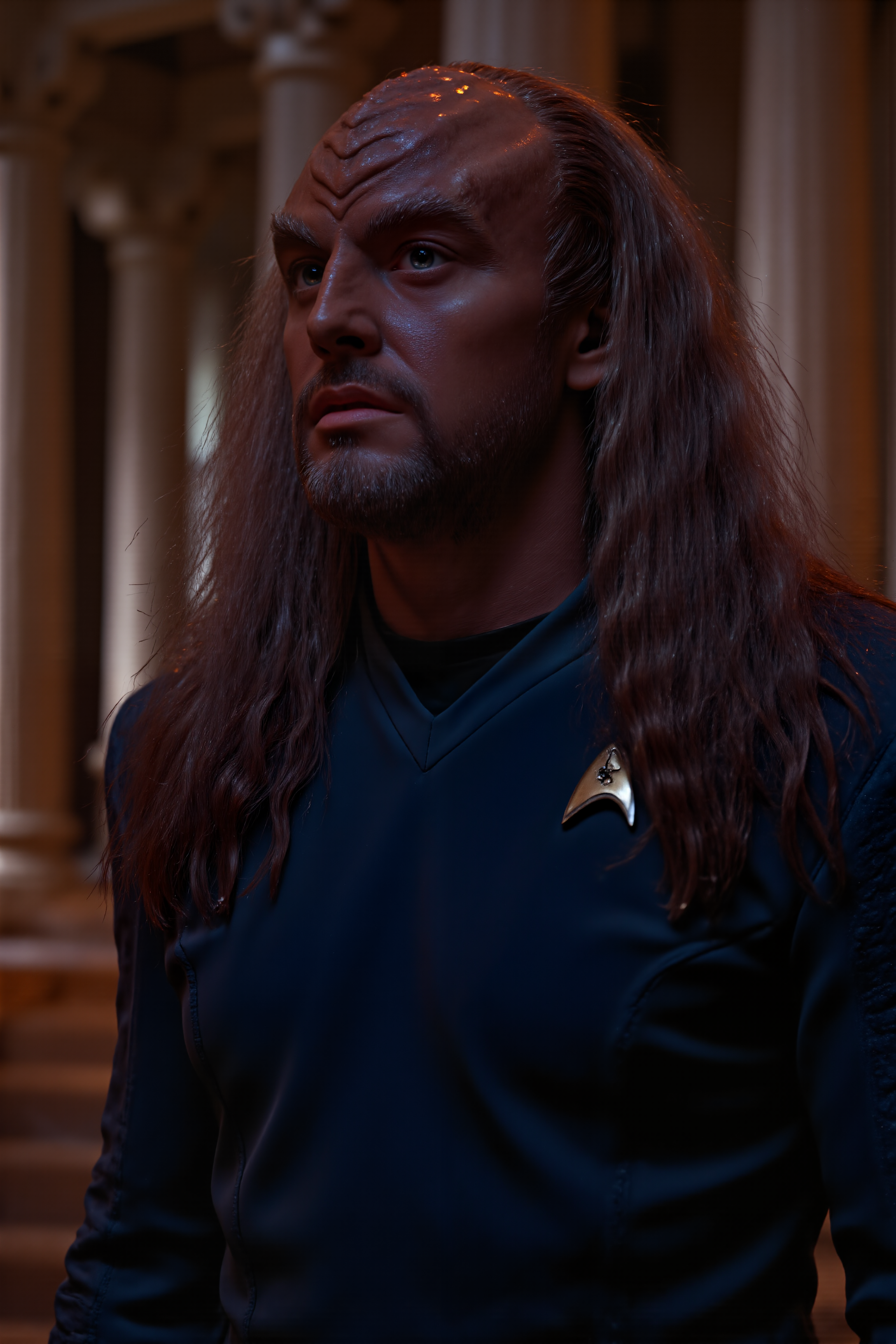 A klingon man with ridged forehead and long hair stands in the ancient temple wearing blue SNW uniform (photography, high-resolution, dynamic, energetic,hyper-realistic, dramatic lighting, shallow depth of field.), detailmaximizer, MythP0rt<lora:midjourney_whisper_flux_lora_v01:0.55><lora:aidmaMJ6.1-FLUX-V0.1:0.4><lora:FluxMythP0rtr4itStyle:0.4><lora:detailed_flux_ntc:2.2><lora:aidmaImageUpgrader-FLUX-V0.1:0.65><lora:klingon_FLUX:1.1><lora:SNW_FLUX_V2:1.1>
