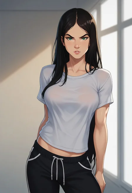 laura kinney, 1girl, muscular ,solo, black hair, very long hair, black hair, straight hair,pale skin, green eyes, athletic girl, skinny muscular girl, looking at viewer, , perfect legs,score_9, score_8_up, score_8, 1girl, solo, looking at viewer, wide track pants,loose pants, oversized t-shirt, oversized trousers, loose t-shirt, oversize,
cartoon of amraql, , best quality,
1girl, sexy girl,
perfect medium breasts, parted lips
