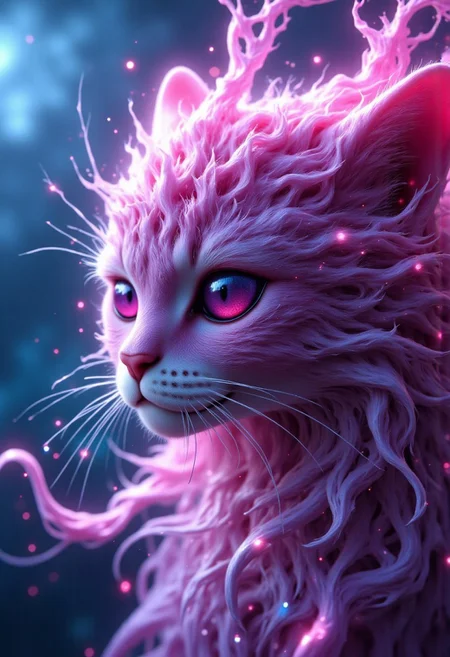 foggy, surreal dream, double exposure, living in a thunder cloud,, bo-abyss, bo-cityscape, bo-exposure, bo-cyberpunk, bo-steampunk, a highly detailed, surreal digital artwork featuring a close-up of a cat's face, the cat's fur is predominantly pink with a soft, fluffy texture, and its eyes are large and expressive, with a serene, almost dreamlike expression, the fur is adorned with intricate, glowing, pink and white lines that create a sense of movement and energy, the background is a gradient of deep blues and purples, with subtle, glowing orbs in various shades of pink and blue, adding a surreal, dreamlike quality to the scene, the overall style is highly polished and realistic, with meticulous attention to detail, showcasing the texture and depth of the fur and the softness of the animal's fur, the artwork is rich in detail and color, capturing the essence of a fantastical, otherworldly creature