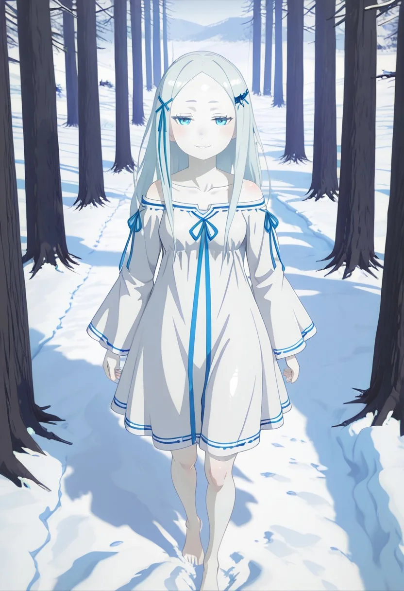 BotWYei,,3d, shiny skin,winter, highlight,snow,eye level view
pandora, 1girl, pale skin, long hair, white hair, blue eyes, small breasts, blue hair ornament, white dress, long sleeves, bare shoulders, collarbone, blue ribbon, barefoot,dress too big,
Walking in the wood,Backview,looking back,smug,hands behind