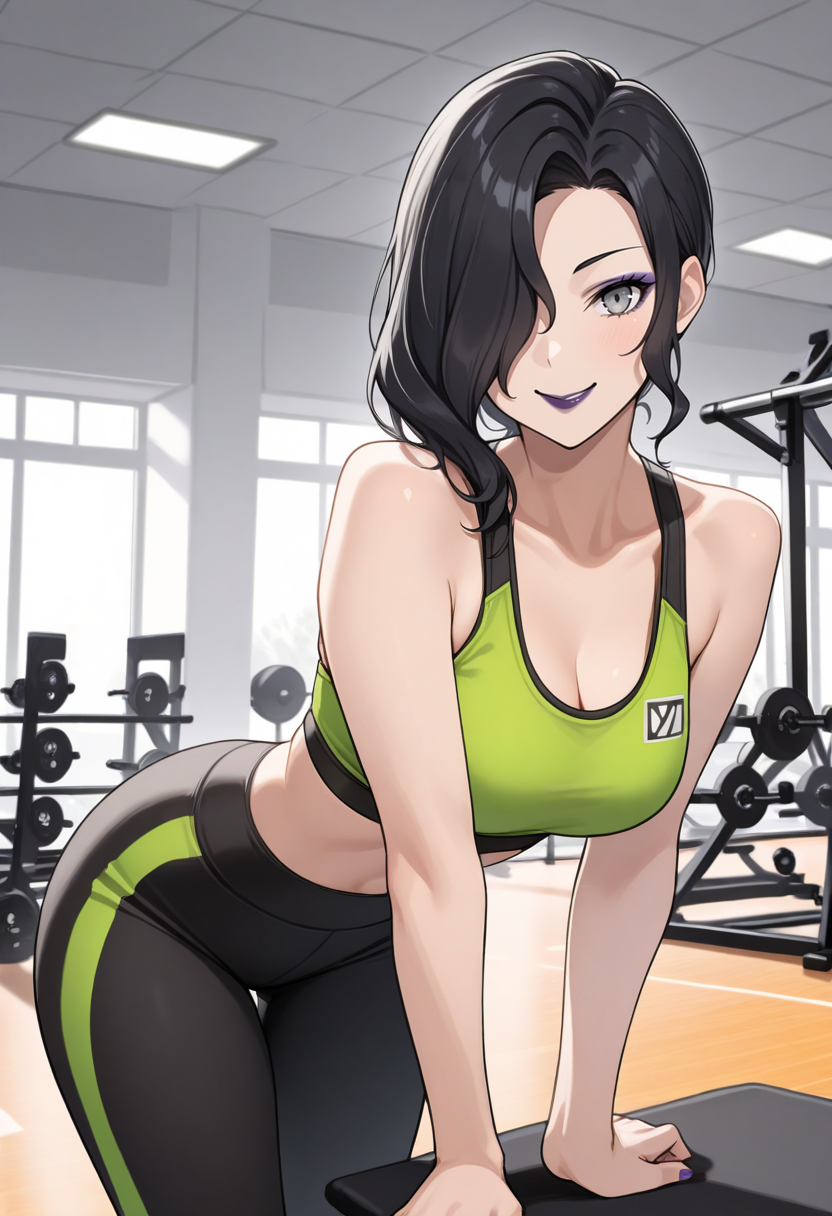 masterpiece, best quality, 1girl, solo, looking at viewer, cowboy shot, smile, gym, stretching
green sports bra, black yoga pants
 <lora:zs_MayoneILLU:1> mayonesh, black hair, medium hair, hair over one eye, grey eyes, makeup, lipstick,