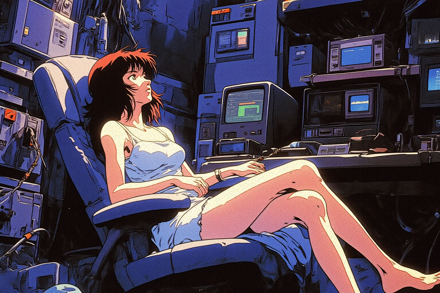 lain iwakura style,A beautiful girl in a white camisole relaxing in a chair,The background is The space was dark, with CRT monitor and high-performance PCs and related equipment piled up in a mess, and overflowing with wiring.,retro,side veiw,egmid