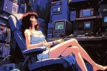 lain iwakura style,A beautiful girl in a white camisole relaxing in a chair,The background is The space was dark, with CRT monitor and high-performance PCs and related equipment piled up in a mess, and overflowing with wiring.,retro,side veiw,egmid