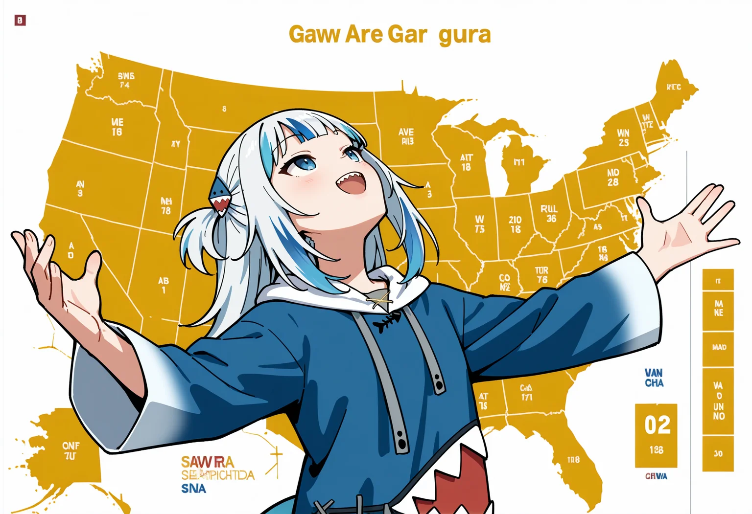 masterpiece, best quality, map, united states, outstretched arms, upper body, yellow background, white background, english text, <lora:JebWinsMeme_illusXL_Incrs_v1:1>, 1girl, looking up, gawr gura, shark tail, happy, open mouth,