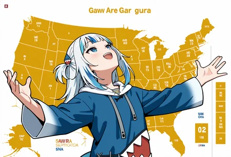 masterpiece, best quality, map, united states, outstretched arms, upper body, yellow background, white background, english text, <lora:JebWinsMeme_illusXL_Incrs_v1:1>, 1girl, looking up, gawr gura, shark tail, happy, open mouth,