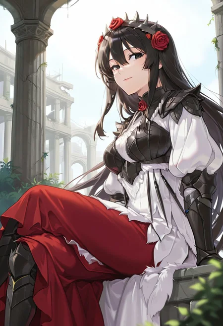 medium depth of field, rule of thirds, masterpiece-level, clean lines, sharp, focused subject, minimalistic composition, masterpiece, amazing quality, best quality, anime screencap, detailed face, detailed eyes, detailed outfit, face focus, 
general,highres, ultra-detailed,very aesthetic,best quality ,best hands,  
BREAK 1girl, sysdeep_yumiella, black eyes, very long hair, black hair, bangs, hair between eyes, sidelocks,  blunt bangs, Straight Hair,
Lala Barina armor, rose crown, white armored dress, black breastplate, black armored gloves, black armored boots,
(Medium breasts:1.5),sagging breasts, breasts apart, 
from side, from below,
Sitting, crossed legs, floating hair, happy, light smile, looking at viewer, 
(Ruins, stone pillars, bushes),