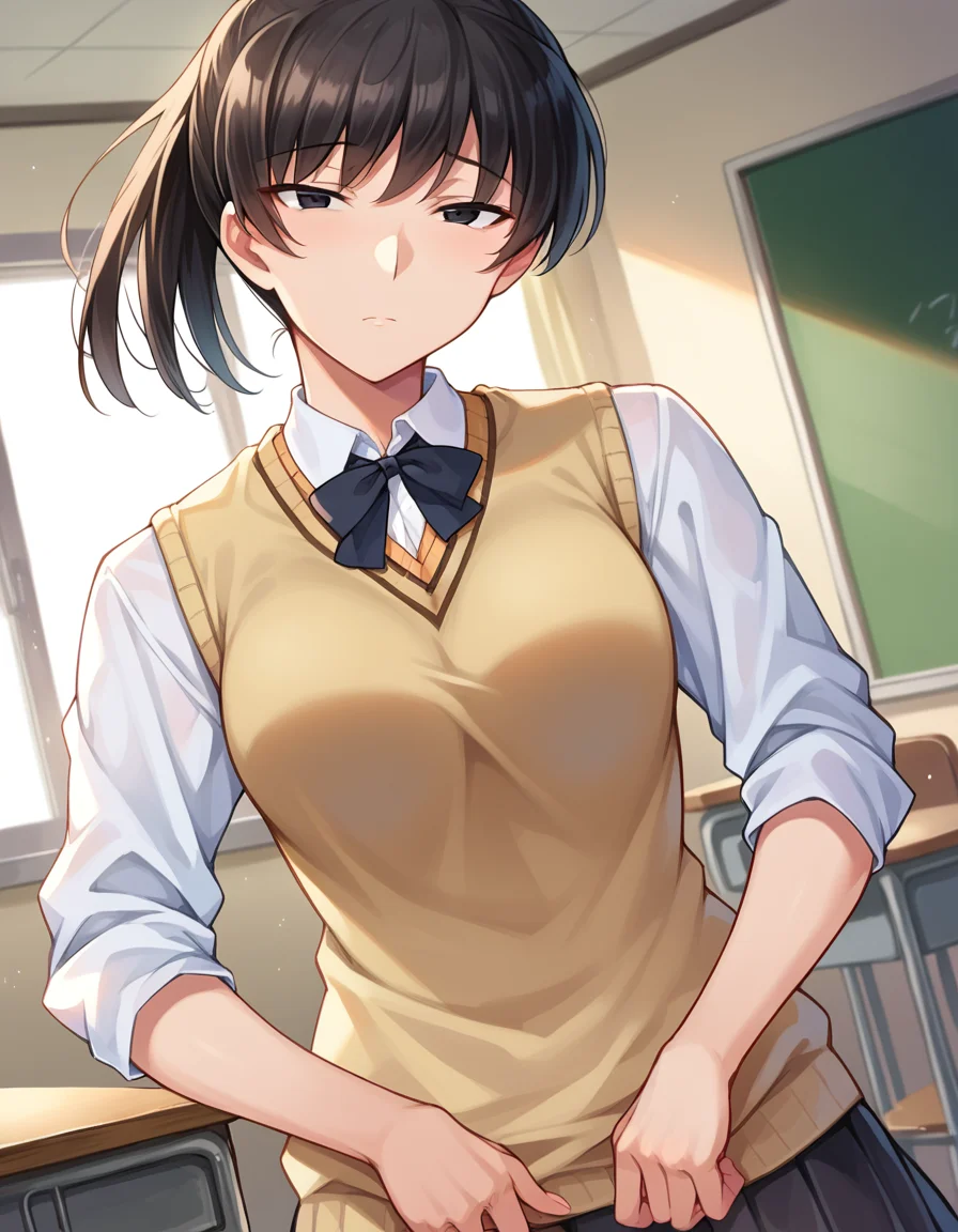 score_9, score_8_up, score_7_up, source_anime,
hibikitsukahara, <lora:hibiki-tsukahara-ponyxl-lora-nochekaiser:1>
hibiki tsukahara, black eyes, black hair, ponytail, narrow eyes, slanted eyes,
kibito high school uniform, school uniform, sweater vest,
indoors, classroom,
looking at viewer, dutch angle, cowboy shot,