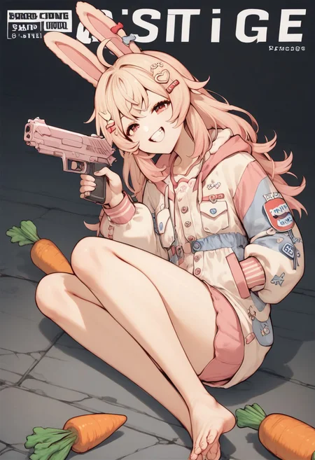 (score_9, score_8_up, score_7_up, score_6_up, score_5_up, score_4_up), fantastic composition, solo, (pipkinpippa, 1girl, pipkinpippa the mad gunslinging rabbit, comic cover, female, pipkin pippa, feet), "Guns & Ammo" magazine cover, (pink platecarrier, carrots in pockets:1.3), (cute, petite), (handgun, holding gun, holding weapon, dual wielding, finger on trigger), smile, (smug, naughty grin), crazy eyes, backlit, (dynamic view angle, side view, warzone background), screaming tenma maemi in the background
