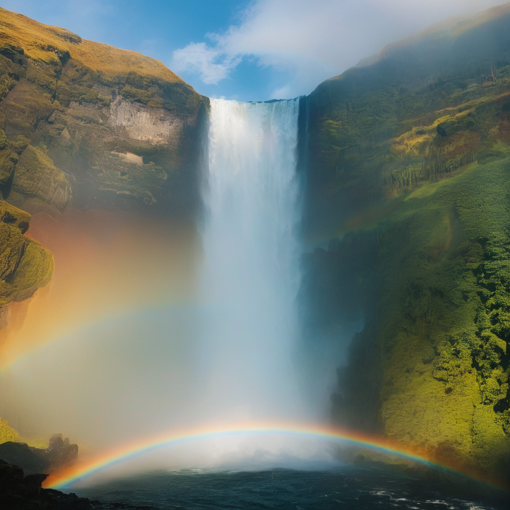UHD, 4k, ultra detailed, cinematic, a photograph of  <lora:diffused light style:1>
A Diffused light of a rainbow is seen in the sky above a waterfall,outdoors,sky,day,cloud,water,tree,blue sky,no humans,scenery,mountain,fantasy,rainbow,waterfall,landscape,cliff , realistic, sharp, detailed, classic, 1970's light style, high-key light style, photography, artistic, perfection, diffusion, diffused, soft light, glow, bright, contrast, highlights, halo, glowing ambient light, colorful, cinematic, filmic, high quality photo, diffused light style, epic, beautiful lighting, inpsiring