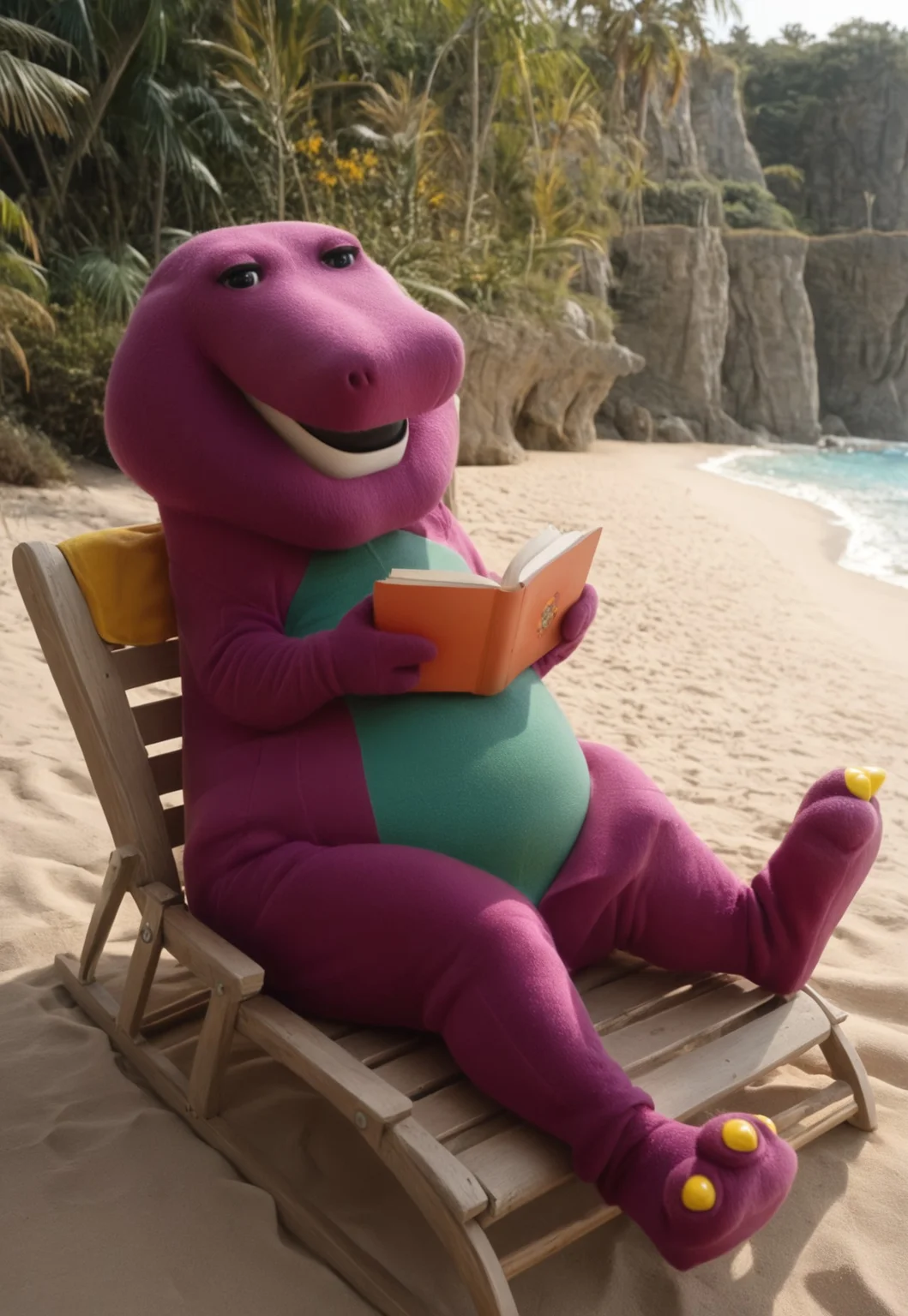 barneydinosaur, score_9, score_8_up, score_7_up, score_6_up, score_5_up, score_4_up, source_furry, hi res, sfw, photorealistic, realistic, photo, solo, 1boy,
anthro, biped, dinosaur, scalie, tyrannosaurus rex, purple body, green belly, three toes, yellow claws, short tail, fat, chubby, mascot suit, plush costume, white teeth, black eyes, short arms, (two fingers), thick legs, open eyes,
sitting, reading a book, holding, holding a book, on a beach chair,
on a beach, water, sand, daylight, outdoors, ((vivid colors:1.6)), fantasy lighting, high saturation, cheerful, (((illuminated)))