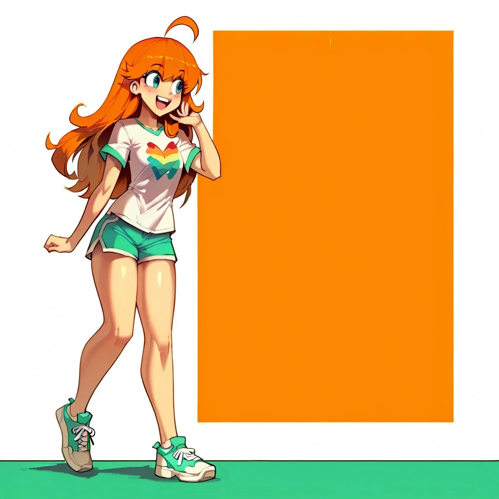 freerrystyle,
score_9, score_8_up, score_7_up,1girl, solo, colorfull, shorts, shirt, shoes, open mouth, short sleeves, smile, blush, bangs, :d, long hair, full body, t-shirt, sneakers, ahoge, looking away, hand up,