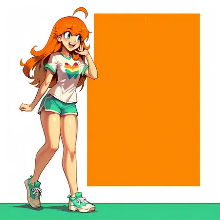 freerrystyle,
score_9, score_8_up, score_7_up,1girl, solo, colorfull, shorts, shirt, shoes, open mouth, short sleeves, smile, blush, bangs, :d, long hair, full body, t-shirt, sneakers, ahoge, looking away, hand up,