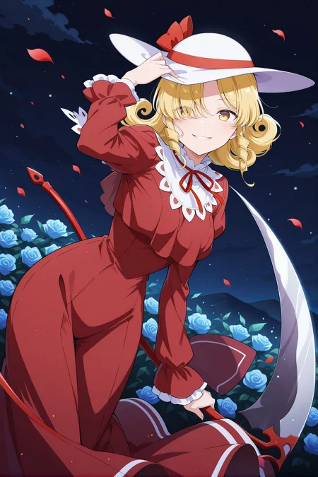 absurdres, highres, masterpiece, best quality, amazing quality, official anime artwork, screencap, anime screencap, outdoors, dynamic pose,
<lora:Elly_Illustrious:1> elly, 1girl, solo, yellow eyes, blonde hair, curly hair, short hair,, white hat, hat ribbon, red ribbon, red dress, neck ribbon, long sleeves, holding scythe, medium breasts, skinny,
night, light particles, rose, flowers, floating hair, hair over one eye, adjusting hat, evil smile, star, petals,