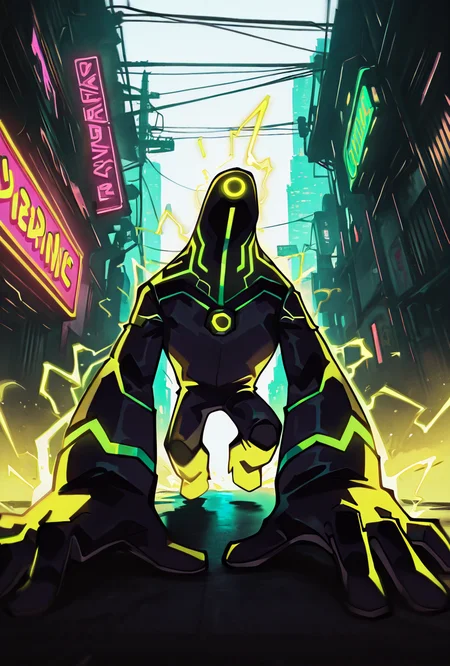 <lora:upgrade-08:1> upgrade, solo, no humans, neon trim, green strips, no humans,, dynamic pose, <lora:sakfsdajfkasd:1> alpharecdyt, charging up electricity, cyberpunk city, neon lights, masterpiece, best quality, amazing quality, very aesthetic, absurdres, newest,