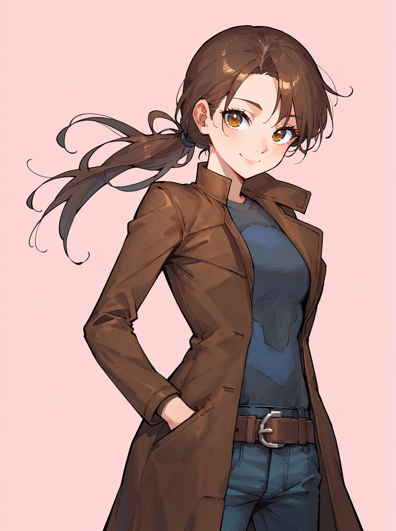 score_8_up, score_7_up, score_6_up, source_anime, 1girl, solo, simple background, pink background,
standing, pose, contrapposto, arched back, cowboy shot, facing viewer
smile, 
brown coat, belt, pants <lora:Postal_Dude:1>