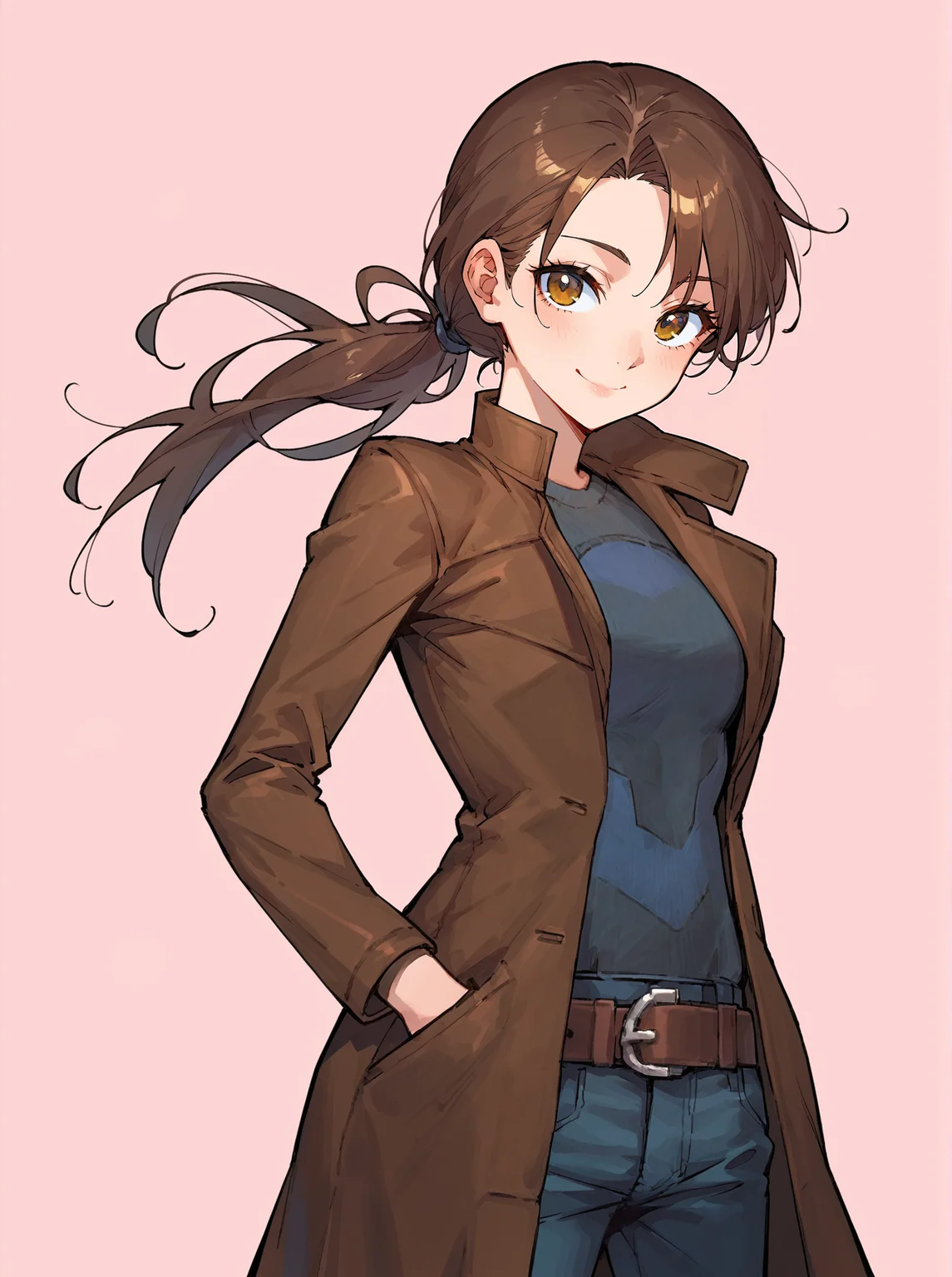 score_8_up, score_7_up, score_6_up, source_anime, 1girl, solo, simple background, pink background,
standing, pose, contrapposto, arched back, cowboy shot, facing viewer
smile, 
brown coat, belt, pants <lora:Postal_Dude:1>