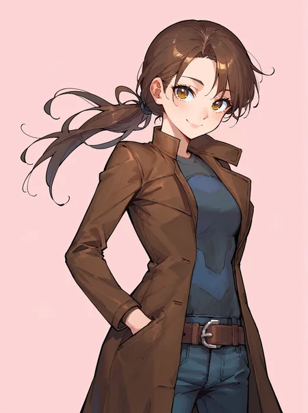 score_8_up, score_7_up, score_6_up, source_anime, 1girl, solo, simple background, pink background,
standing, pose, contrapposto, arched back, cowboy shot, facing viewer
smile,
brown coat, belt, pants <lora:Postal_Dude:1>