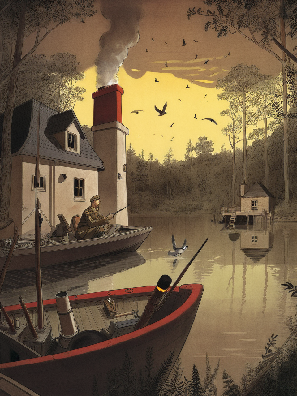 man in military uniform, on a boat, secluded lake, forest, cottage, smoke coming from chimney, twilight, birds, illustration by Jean-Pierre Gibrat <lora:byJeanPierreGibratXL:1>