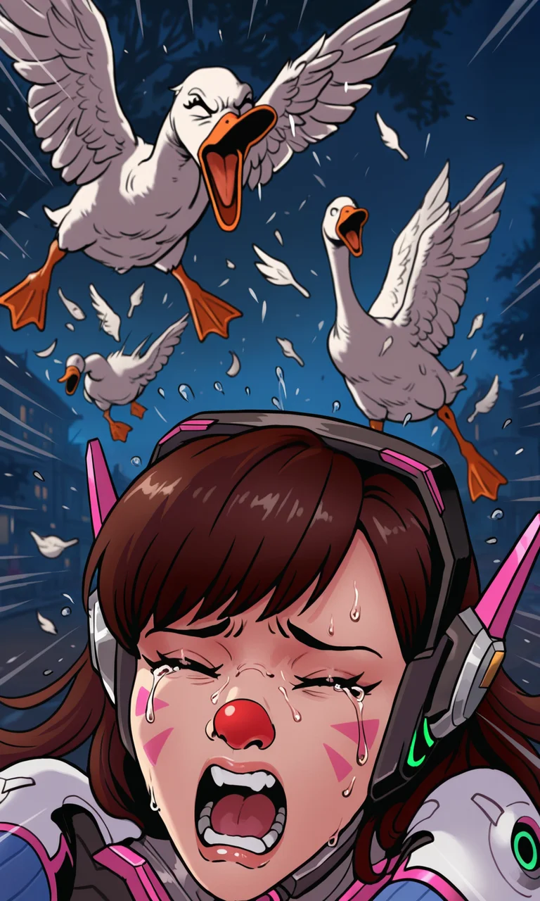 embedding:IllusP0s, goose ambush, 6+ geese, d.va_\(overwatch\), clown nose, screaming, scared, crying, eyes closed, ><, close-up, 1girl, solo, speed lines, outdoors, night, f3rn4nd0,<lora:Style_soph-Fernando-ILXL.safetensors:1.0:1.0> <lora:goose ambush_illustrious.safetensors:1:1>