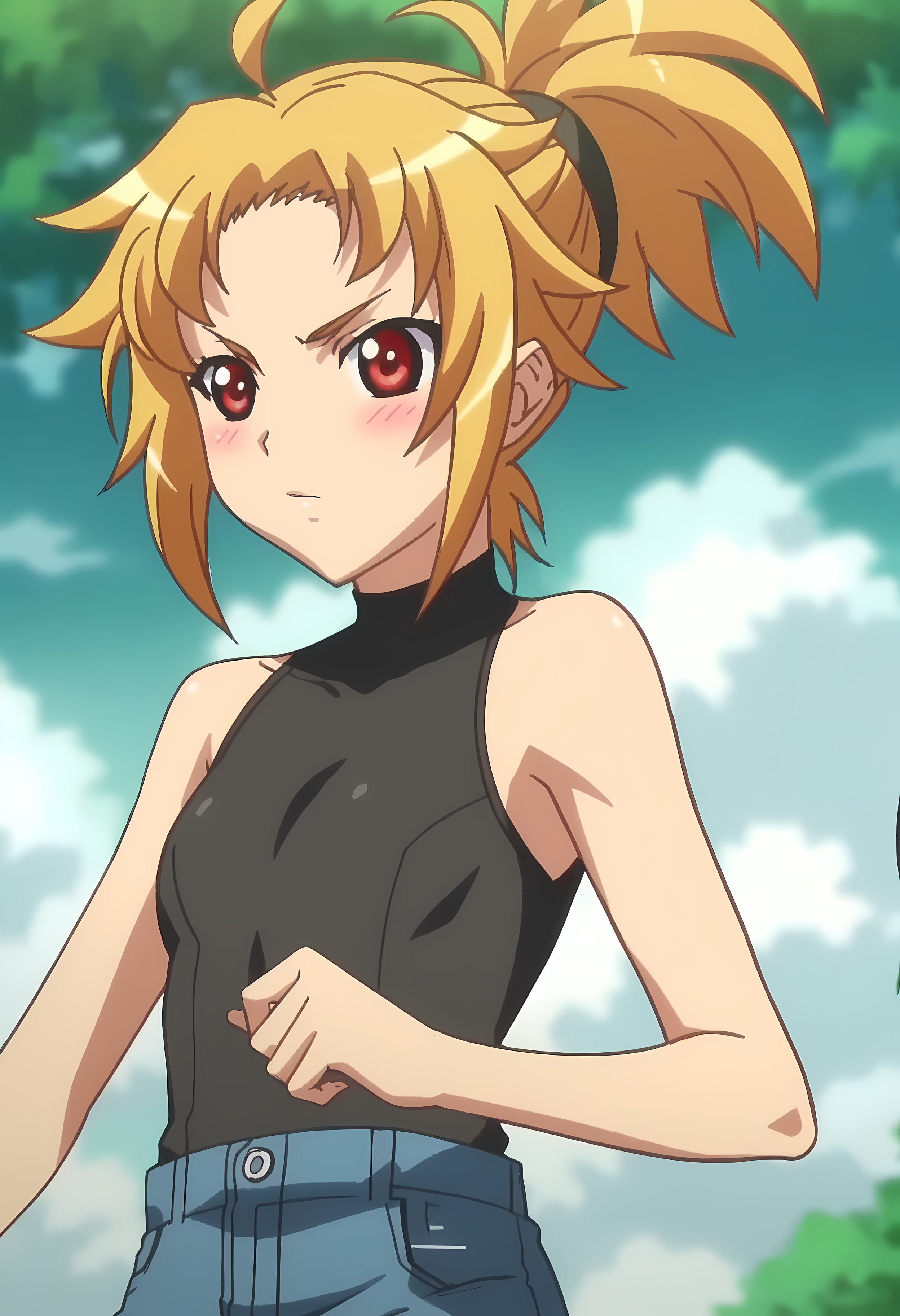 score_9, score_8_up, score_7_up, source_anime, 2d, Elizabeth Lizzie, 1girl, blond hair, medium hair, ponytail, red eyes, black hairband, black shirt, blue trousers, anime coloring, anime screencap, detailed eyes, zPDXL, perfect faces, uncensored, rating_explicit  <lora:elizabeth_lizzie_1:1>,