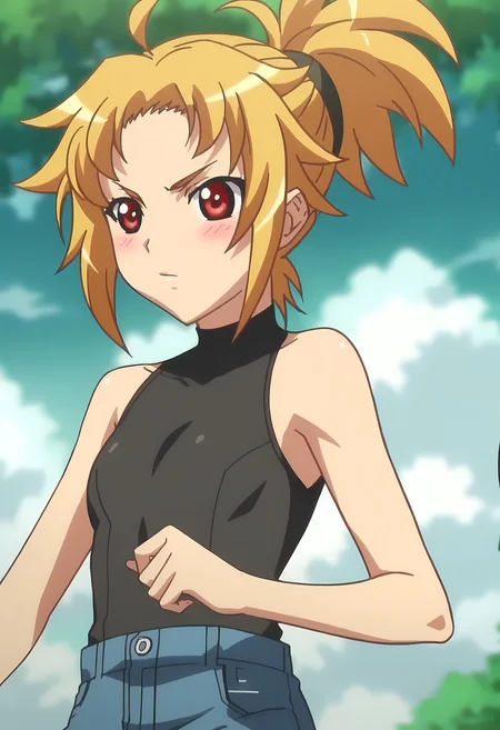 score_9, score_8_up, score_7_up, source_anime, 2d, Elizabeth Lizzie, 1girl, blond hair, medium hair, ponytail, red eyes, black hairband, black shirt, blue trousers, anime coloring, anime screencap, detailed eyes, zPDXL, perfect faces, uncensored, rating_explicit <lora:elizabeth_lizzie_1:1>,