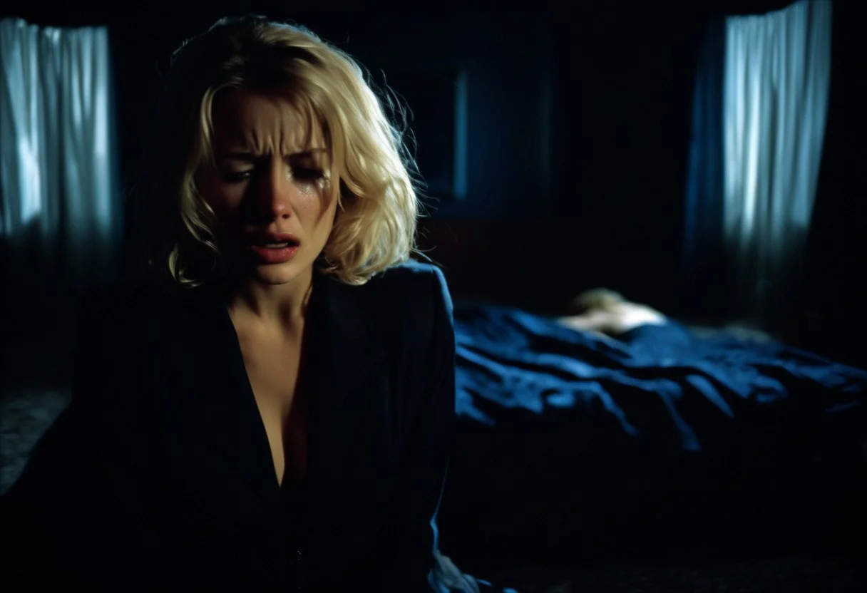 A beautiful blond woman wearing only a bra is on a bed. The bed has dark blue sheets. She is crying and looks helpless. Her clothes are slightly torn. Her hair is messy. The room is dark, the lighting is soft, through a small hole in the curtains. There are shadows. A man in a suit is watching in the background.