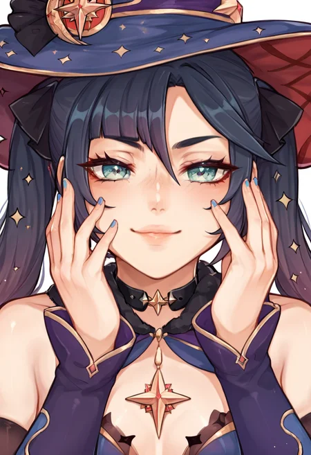 mona \(genshin impact\), close-up, sparkle, hands on own face,  <lora:Spookiebuni_Artist_Style_PDXL:0.8>, leotard, witch hat,, score_9, score_8_up, score_7_up, score_6_up, score_5_up, score_4_up,