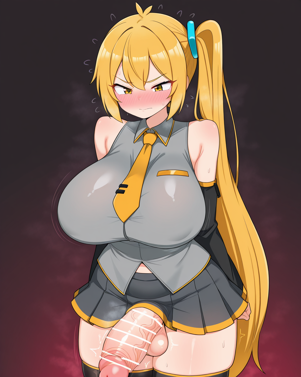 1girl, solo, akita neru,aqua hair,blonde hair,side ponytail,yellow eyes,yellow necktie,sleeveless grey shirt,detached sleeves,miniskirt,black thighhighs, (huge breasts:1.1), blush, embarrassed, regal pad, futanari, penis, steam, smell, steaming body, looking at viewer, cowboy shot, simple background, black background, masterpiece, best quality, very aesthetic, absurdres