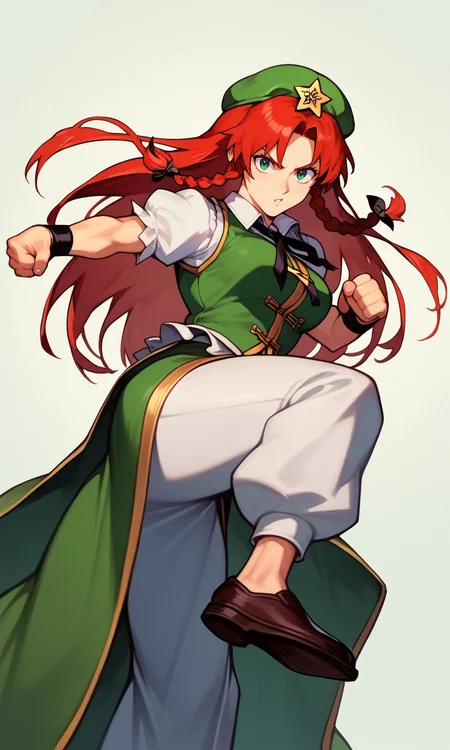 score_9, score_8_up, score_8, score_9, 1 girl, 1 boy, solo,  source_anime,  <lora:hong_meiling_pony-10:1>, hong meiling, beret, green vest, short sleeves, red hair, star hat ornament, twin braids, long skirt, thighs,  dynamic pose, fighting stance,  <lora:[GP] somethingweird [Pony XL]:0.8>
