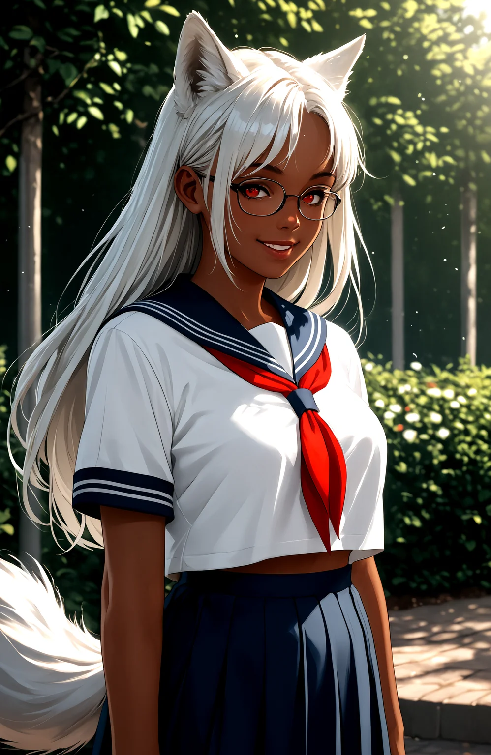 score_9, score_8_up, score_7_up, score_6_up, score_5_up, score_4_up, (high quality, detailed, beautiful) White_hair, long hair, wolf_ears, wolf_tail, breasts, red eyes, very_dark_skin <lora:VeryDark_epoch_3:0.99>
glasses, serafuku, school, outdoors,
sunlight, standing, smile,