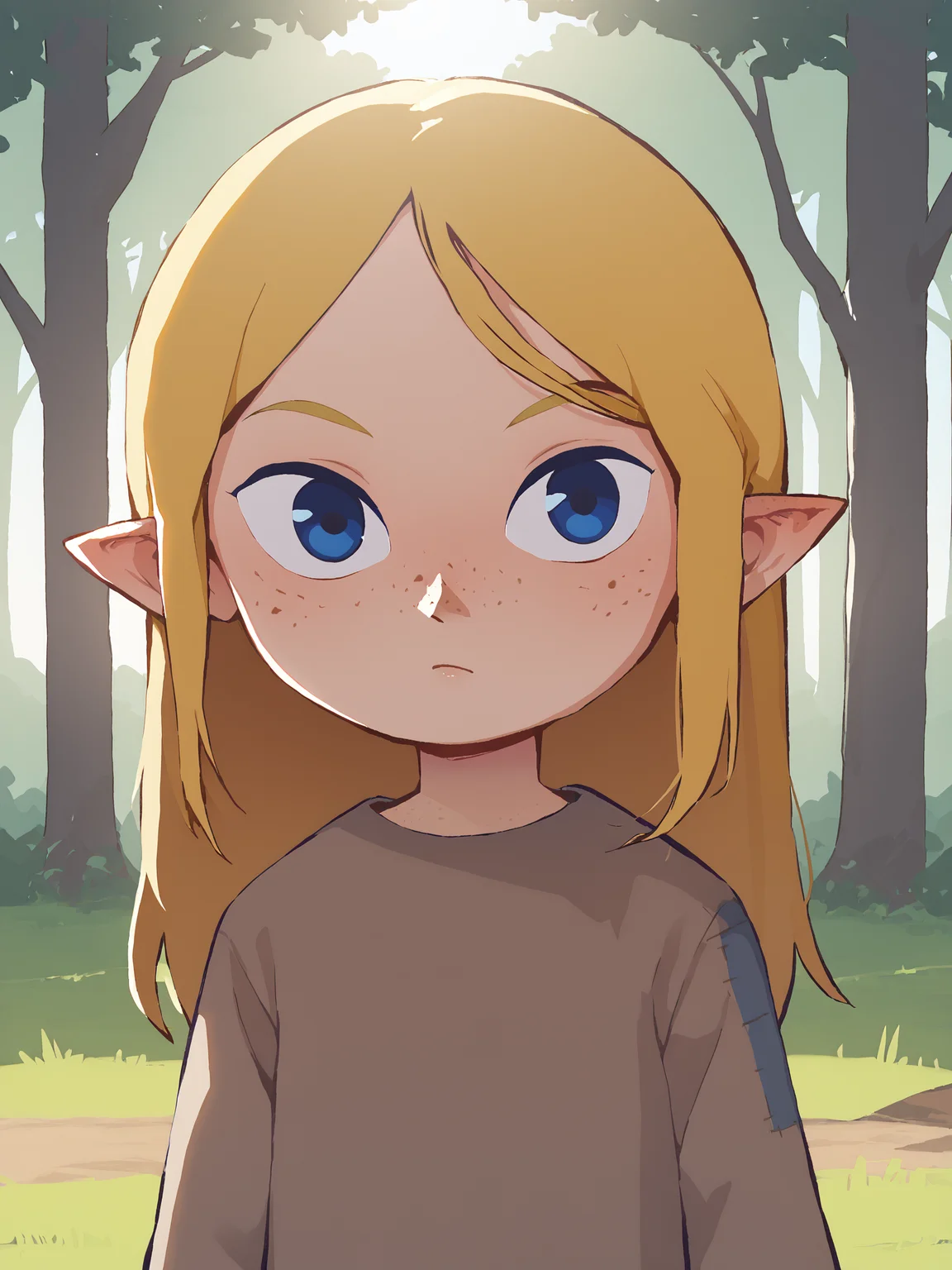 score_9, score_8_up, portrait, sharp focus, soft lighting ,outdoors, trees, milaxl, 1girl, solo, long hair, blonde hair, freckles, pointy ears, blue eyes, looking at viewer, long sleeves, patchwork clothes, dress, <lora:milaxl:0.75> <lora:Orenji-PonyXL-1024px:1>