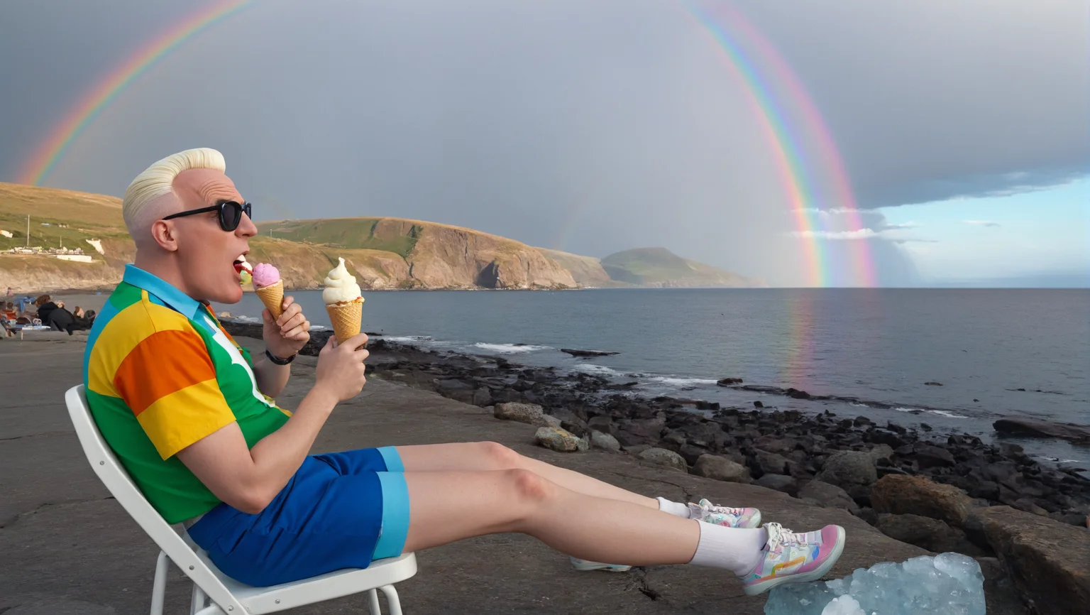 Max headroom looking like a pixar girl, sitting on a chair eating ice cream, in the background, a rainbow over a rocky seaside can be seen
<lora:Landscapes-v1.1:0.8>,