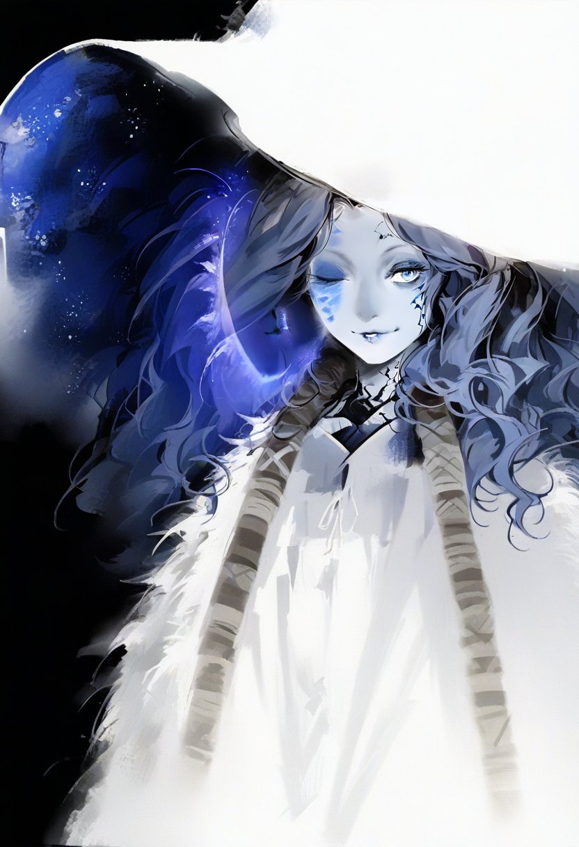 1girl, solo, ranni the witch, hat, one eye closed, blue eyes, colored skin, blue skin, witch hat, blue hair, cloak, looking at viewer, long hair, cracked skin, fur cloak, white headwear, extra faces, dress, smile, blue lips, extra arms, white dress, upper body <lora:solaXL_NBVP1_lokr_V6311PZ:0.95>